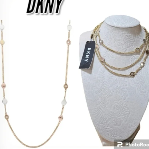 DKNY Tri Tone Crystal & Logo Disc 42" Statement Necklace - Picture 3 of 10